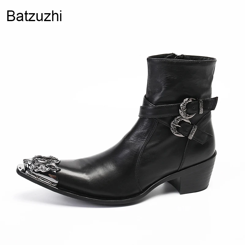 Batzuzhi Men Boots Rock Western Cowboy Pointed Metal Toe Black Genuine Leather Ankle Boots Men 6cm High Heels Knight/Party Botas