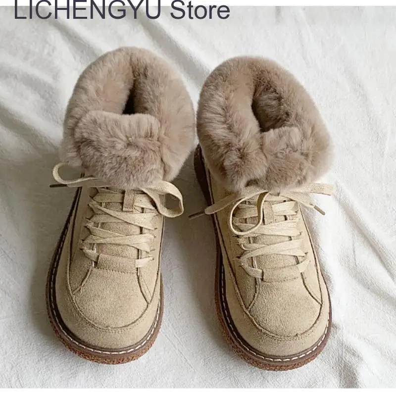 2023 Winter Women Fashion Artificial Fur Snow Boots Platform Med Heel Thick Sole Round Toe Warm Ankle Boots