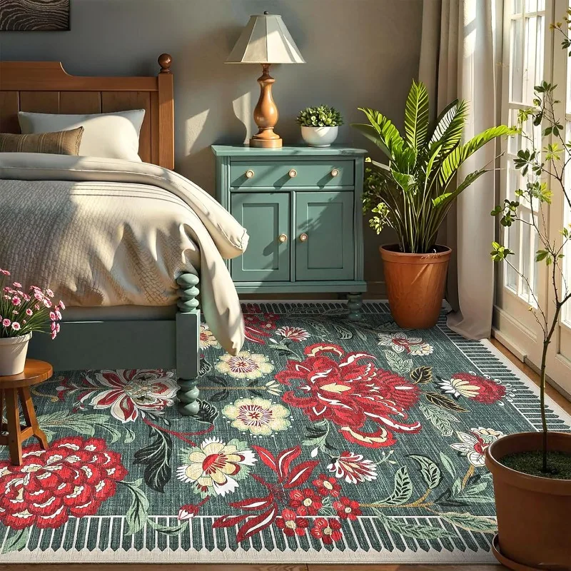 Floral Living Room Carpet Bohemian Striped Border Design Bedroom Plush Rugs Foldable Machine Washable Non-slip Cloakroom Mats 러그
