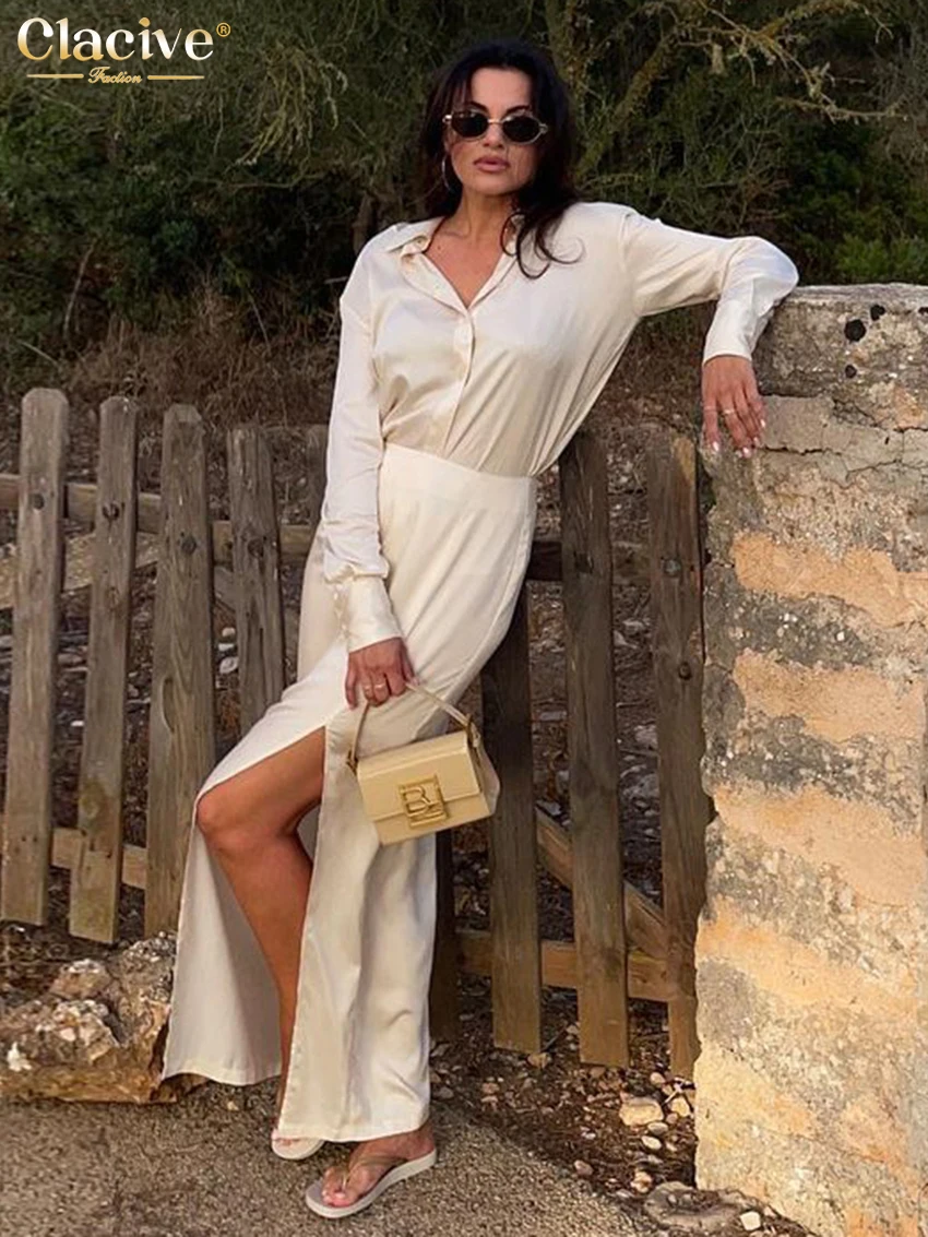 

Clacive Fashion Loose Beige Satin 2 Piece Sets Women Outfit 2024 Elegant Long Sleeve Shirt With High Waist Slit Long Skirts Set