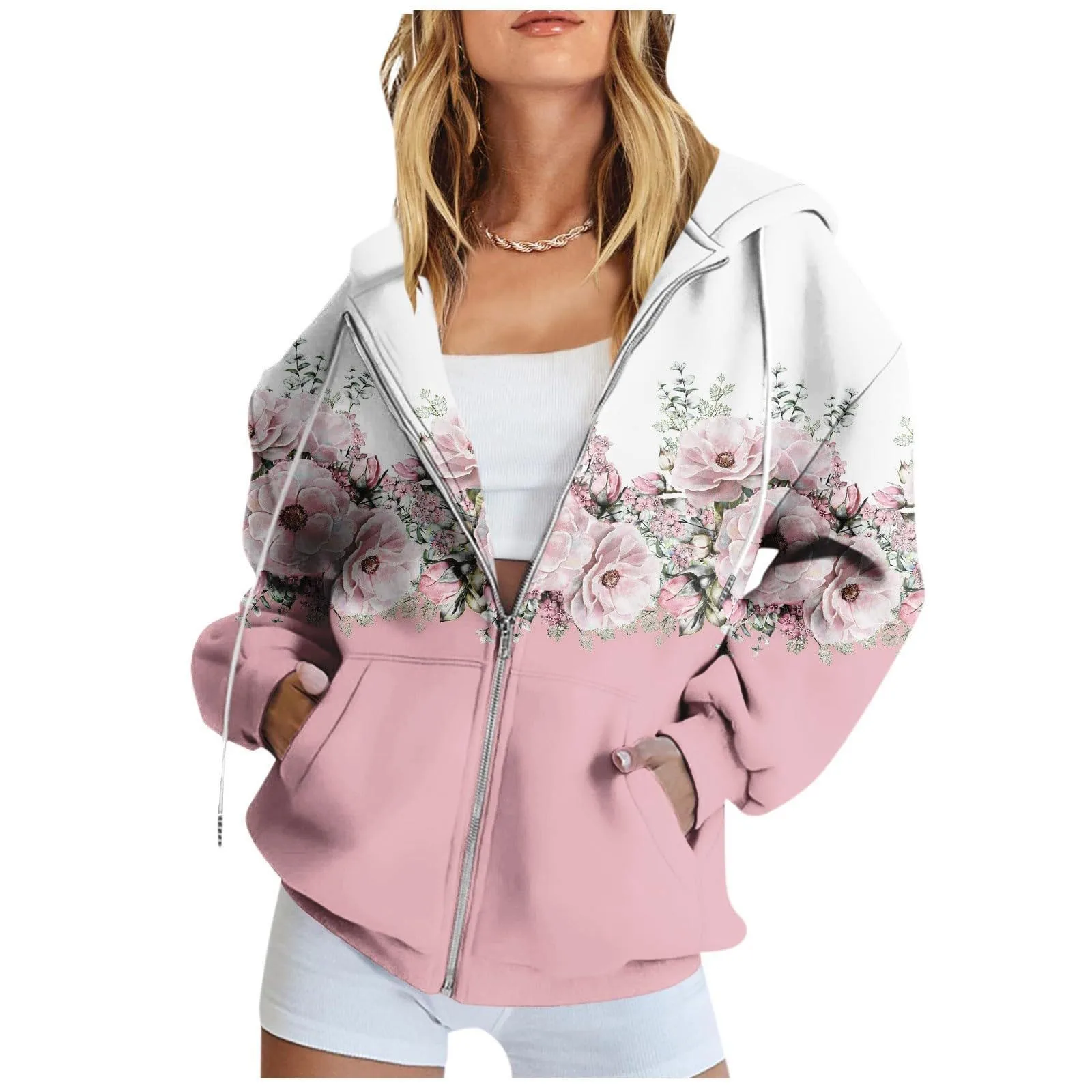 Casual Hoodie Women Fall Fashion Long Sleeve Floral Print Zip up