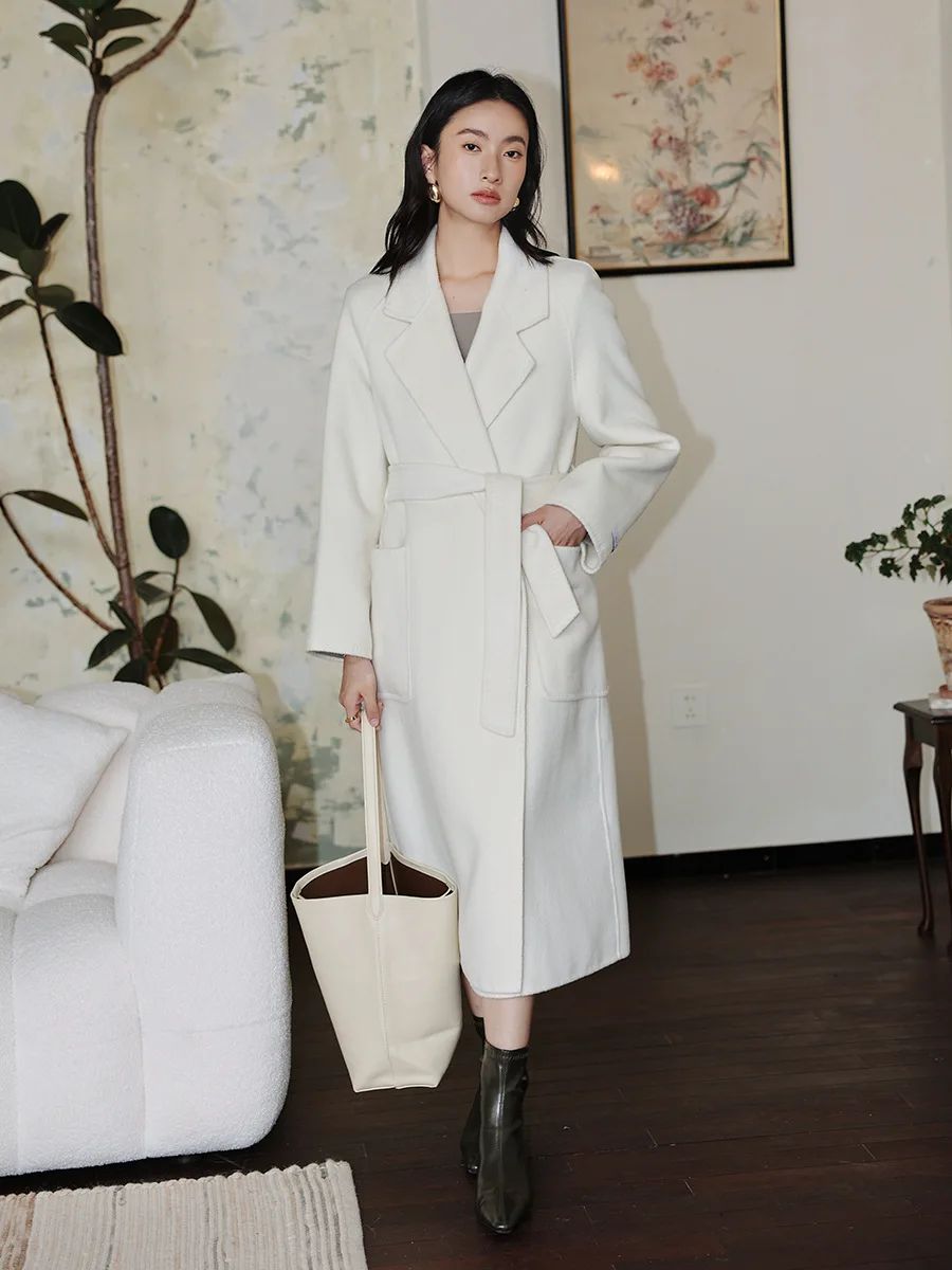 2023 Autumn/Winter New Cotton Wool Handmade Double-sided Cloth Coat Women's Lace up Slim Bathrobe Style Coat White