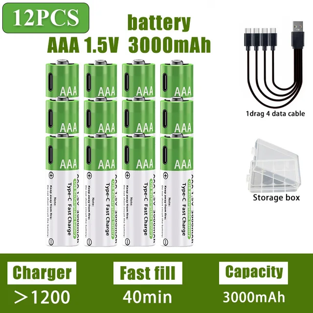 AA/AAA Rechargeable Battery 3000mAh/3800mAh Lithium Battery 1.5V Constant Voltage Fast Charging Type-C For Remote Mouse Toy Ect 14
