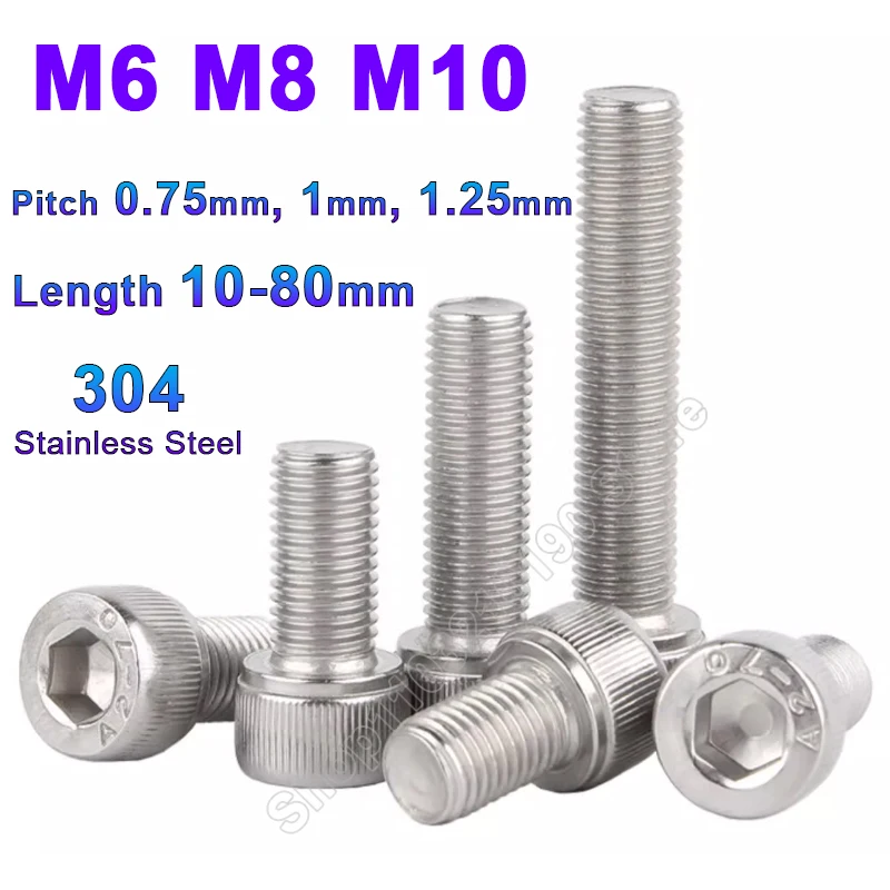 

M6 M8 M10 Pitch 0.75 1 1.25mm 304 Stainless Steel A2-70 Fine Thread Hexgonal Hex Socket Round Cap Head Screw Allen Bolts