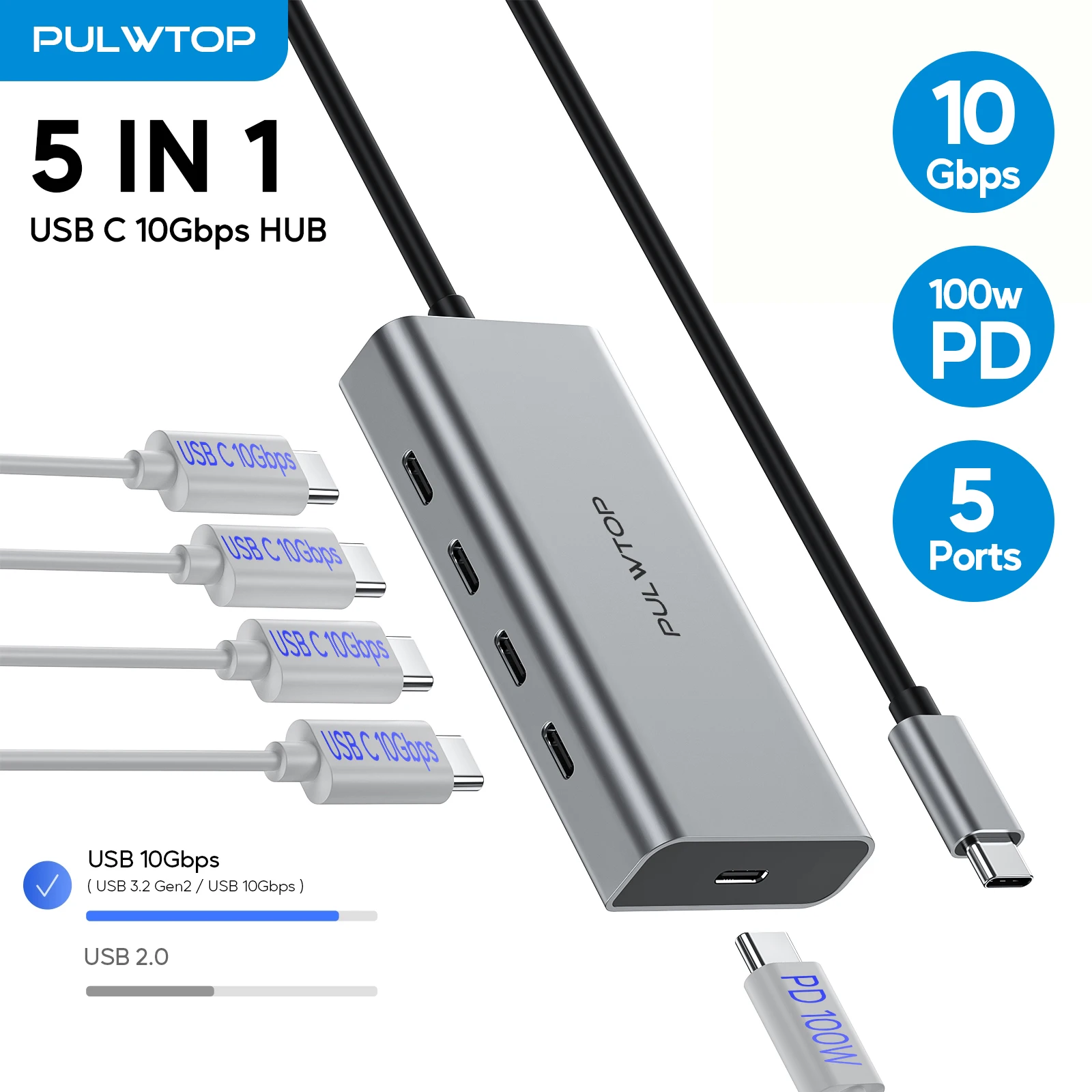5-Port Hub, 10Gbps Data Transfer, 100W PD Charging, USB-C Hub Multiport Adapter For Book, Chromebook, I, XPS_voghion.com