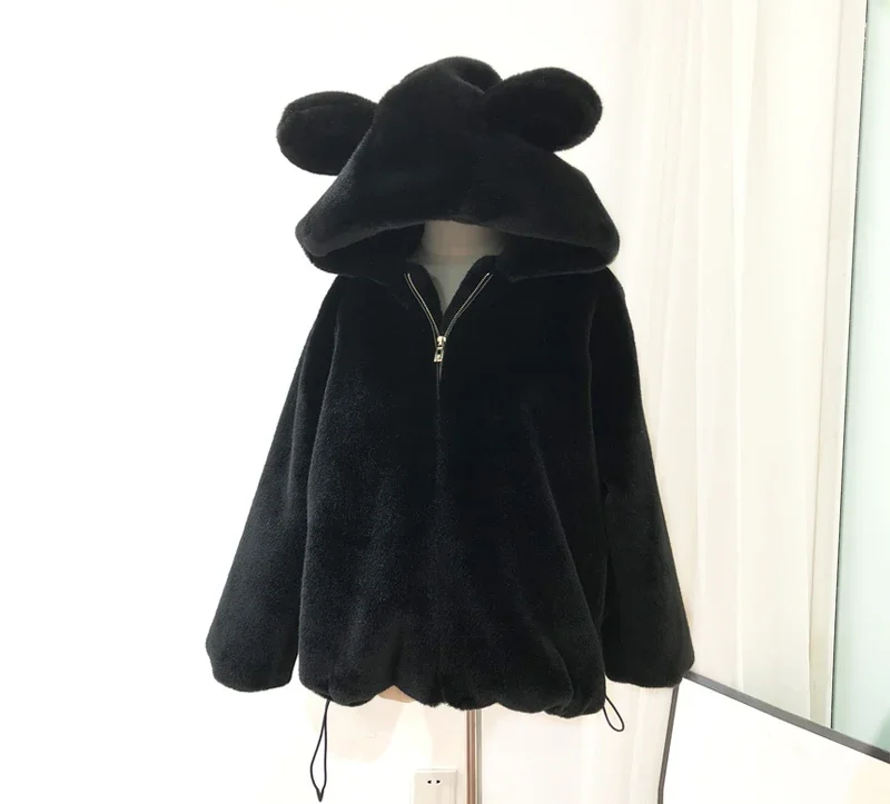 2023 Winter New Cute Fashion Hooded Big Ears Lamb Wool Mid-Length Coat Female Loose Warm Sweet Student Elegant Faux Fur Jacket