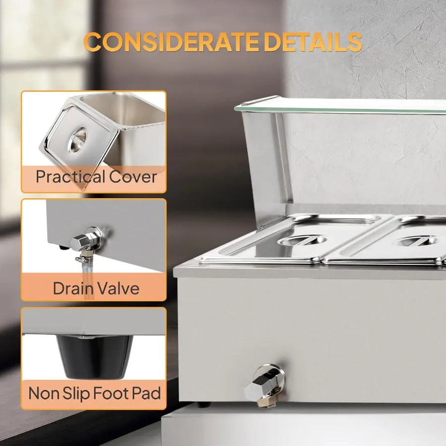 48QT 1500W Electric Commercial Food Warmer 6-Pan Steam Table 8QT/Pan Stainless Steel Bain Marie Countertop with Acrylic Shield
