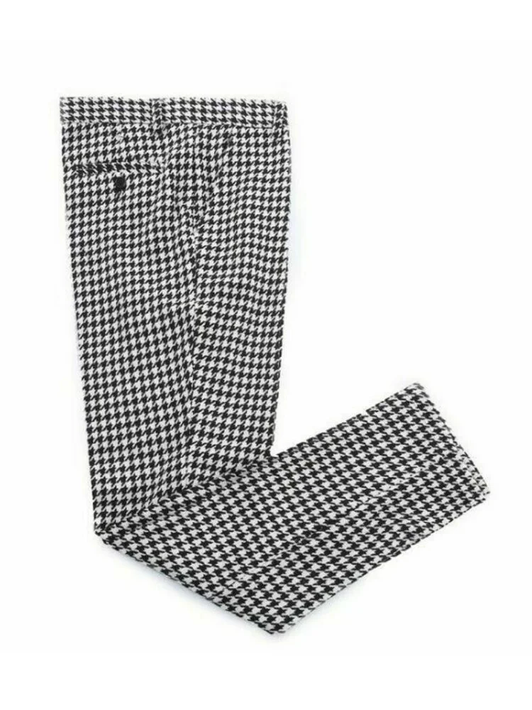 High Quality Houndstooth Men's Casual Suit Pants Length Trousers Men Plaid Slim-fit Straight Business Formal Suit Trousers 2