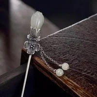 Natural Hetian Magnolia Flower Tassel Pendant Ladies Silver Hairpin Chinese Style Retro Charm Hanfu Accessories Jewelry 1