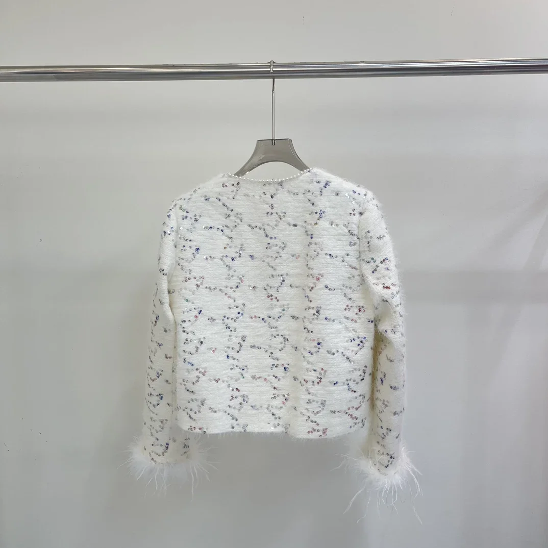 

Autumn/Winter New Elegant Style Feather Splice Cuff Sequin Wool Versatile Short Coat