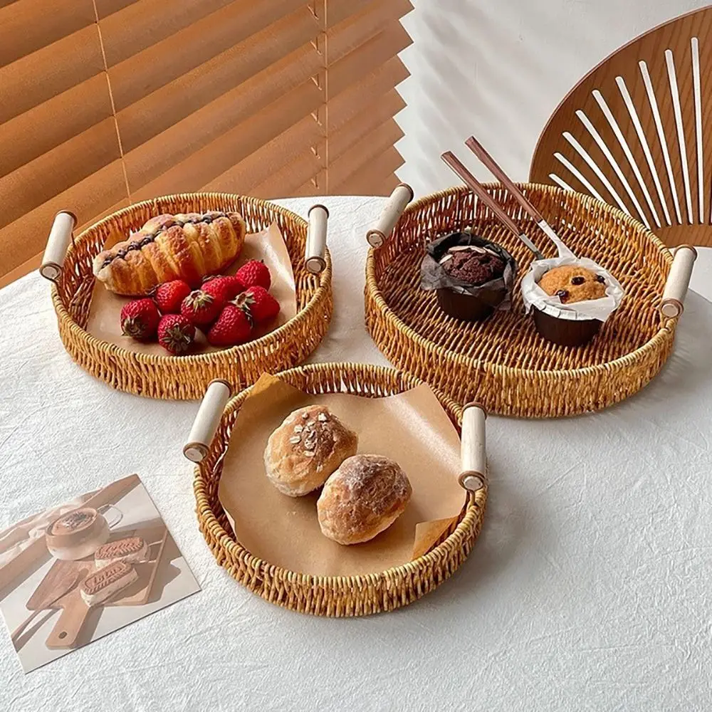 Food Plate Handwoven Plastic Rattan Storage Tray Round Shape Fruit Vegetable Cake Wicker Rattan Threads Basket With Handle 2
