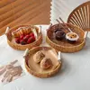 Food Plate Handwoven Plastic Rattan Storage Tray Round Shape Fruit Vegetable Cake Wicker Rattan Threads Basket With Handle 2