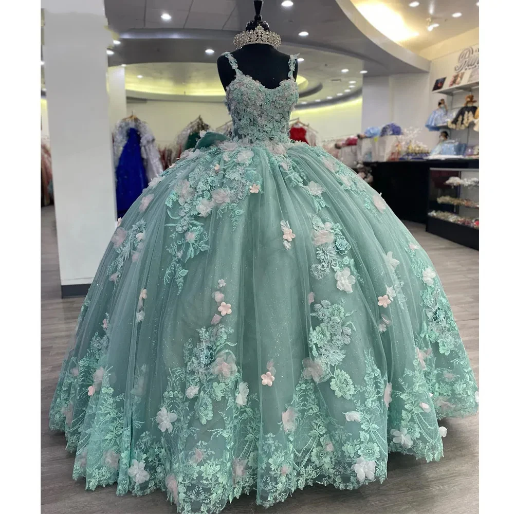 

Sage Green Ball Gown Quinceanera Dresses With Bow Beaded Appliques Sequins Princess Birthday Sweet 16 Dress Vestidos De 15 años