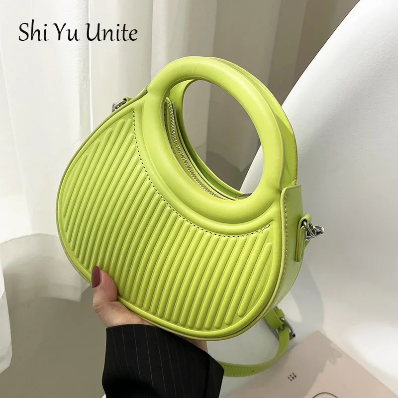 

Half Moon Small Shoulder Bag For Women 2023 Spring New Green Purple Handbags Pleated Design Pu Leather Crossbody Round Hand Bag
