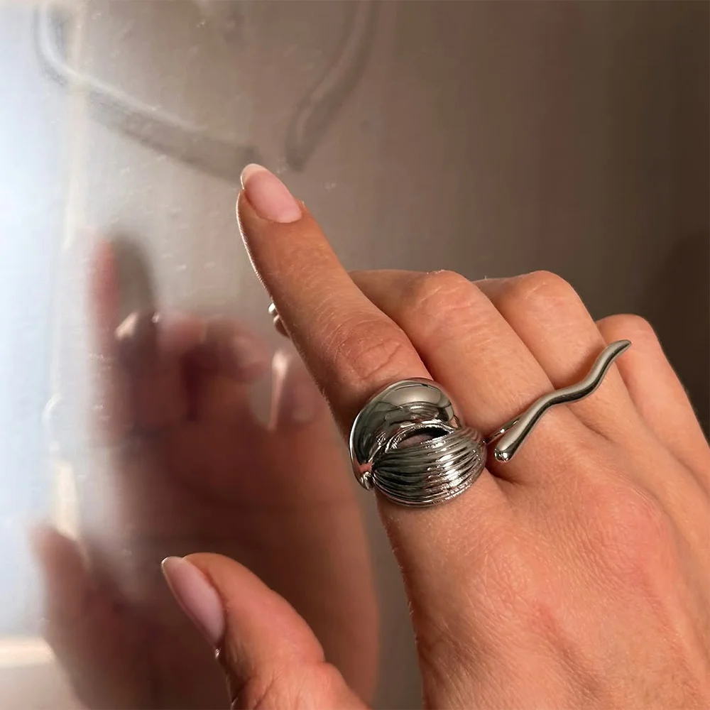 Vintage Texture Stripe Water Drop Stainless Steel Ring Waterproof Adjustable Hollow Out Open Ring Trendy Jewelry Creative Gift