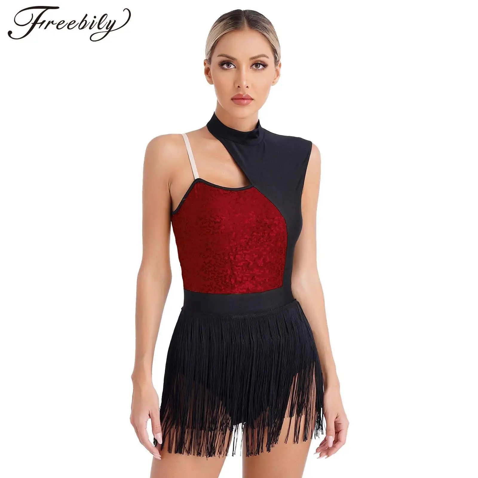 Women Latin Dance Leotard Dress Skating Tango Rumba Samba Cha-Cha Stage Performance Dancewear Sleeveless Sequin Fringed Bodysuit dance dress dance bodysuit