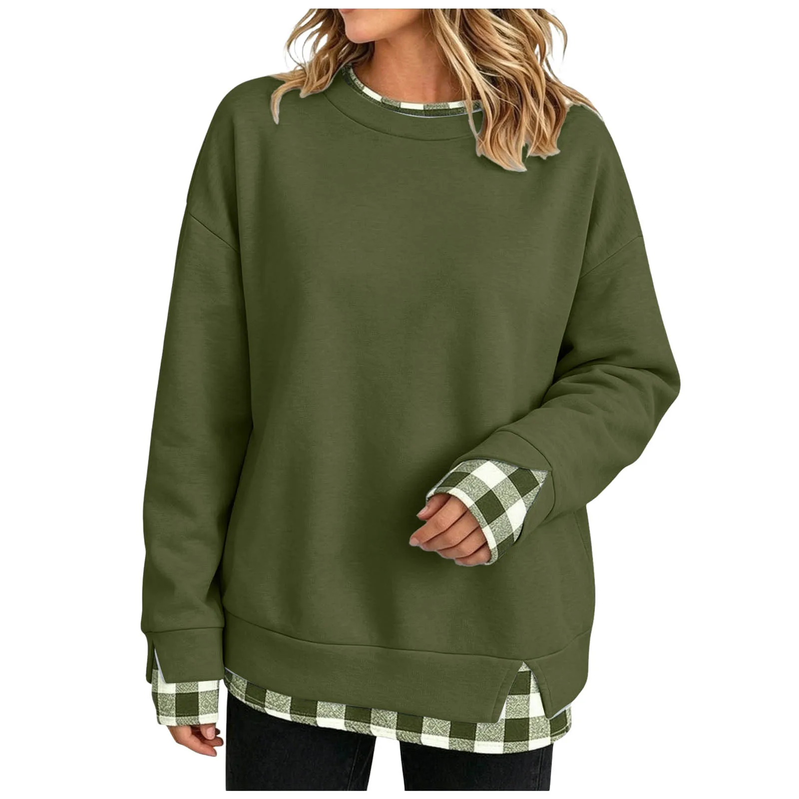 Women's Fake Two-Piece Oversize Sweatshirts With Plaid Hem Side Slit Long Sleeve Pullover Loose Fit Round Neck Sweatshirts Tops