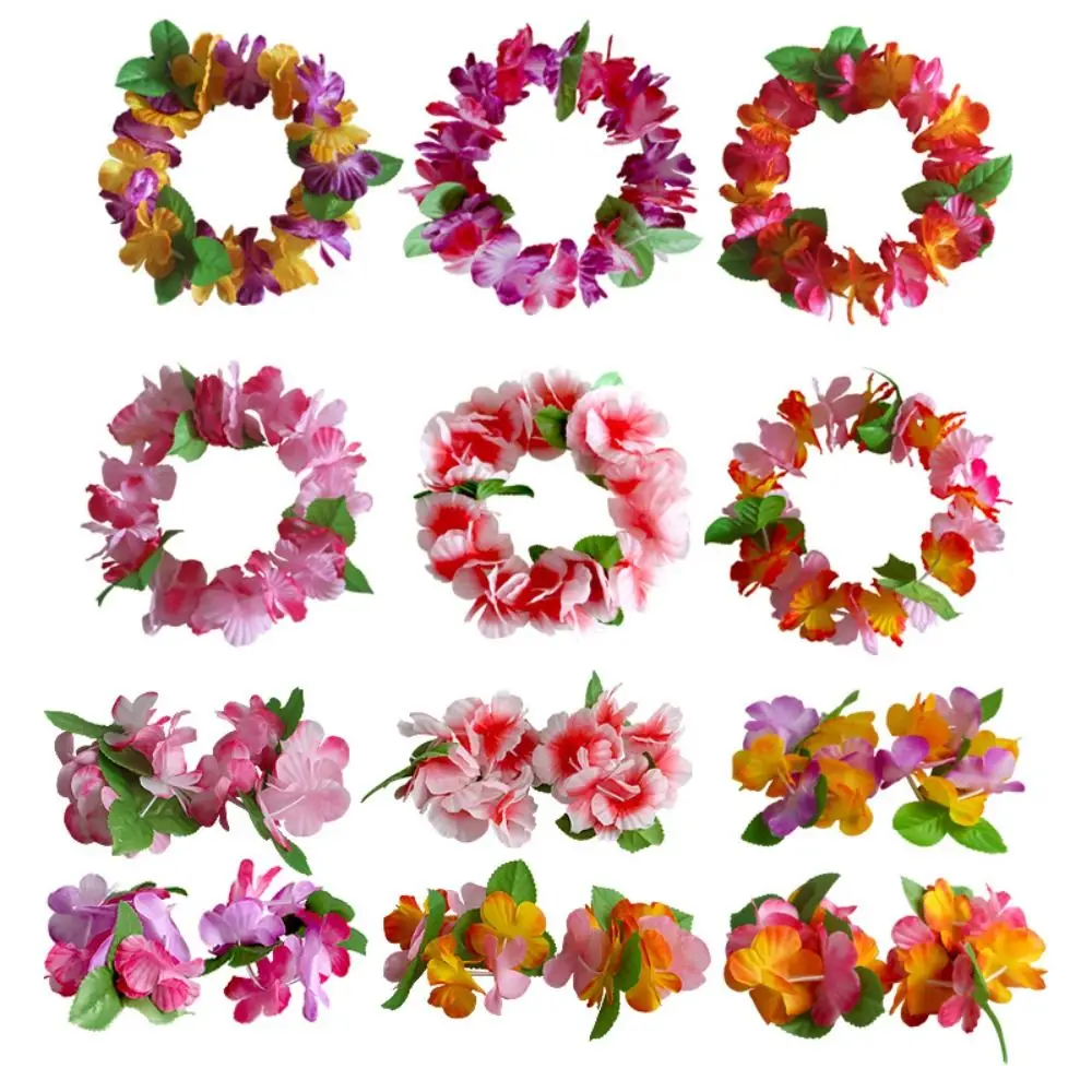 6PCS Summer Hawaiian Head Ring Tropical Beach Colorful Artificial Wreath Flowers Necklace Bracelet for Party Supplies