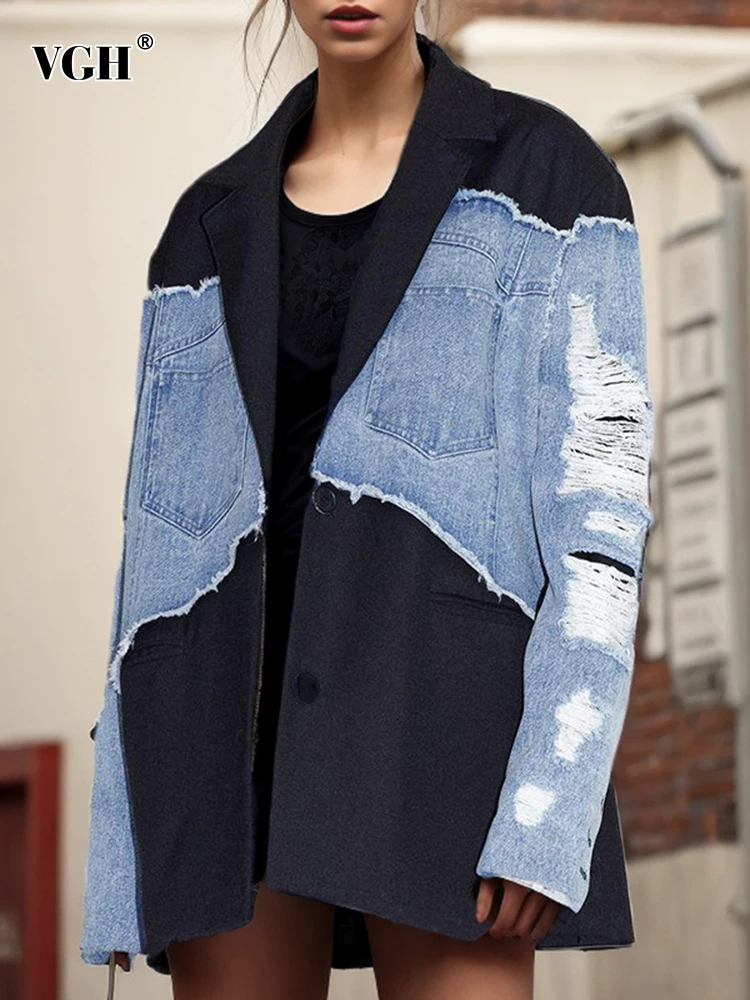 

VGH Patchwork Denim Casual Coats For Women Notched Collar Long Sleeve Spliced Pockets Hit Color Hole Hollow Out Coat Female New