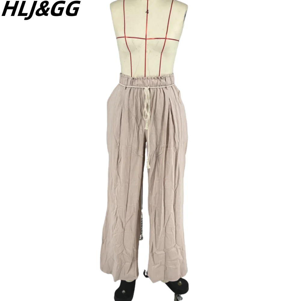 HLJ&GG Fashion Solid Color Drawstring Wide Leg Pants Women Elastic High Waist Hip-hop Straight Trousers Casual Matching Bottoms