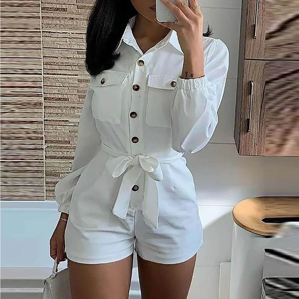 

BKLD Fashion Romper For Women One Pieces White Long Sleeve Lace-Up Buttons Pockets Casual Solid Color Playsuits Short Jumpsuits