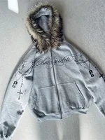 Winter Fashion Streetwear Women's Gothic Punk Faux Fur Hooded Jacket With Cross Print Trendy Edgy Zip - Up Sweatshirt 2026 New - Image 3