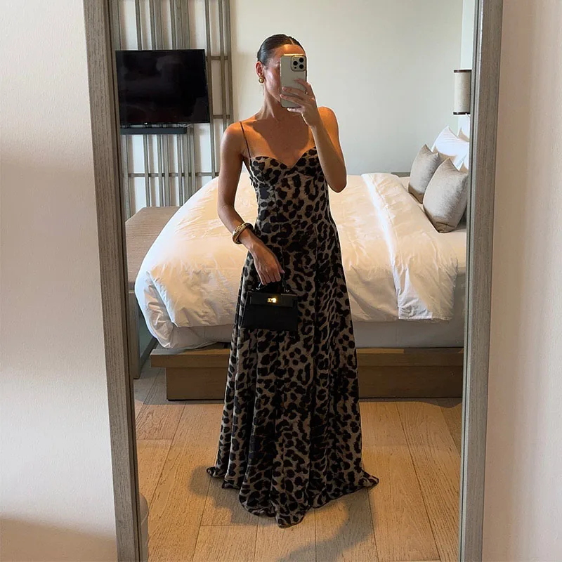 Vestidos largos con tirantes y estampado de leopardo Y2K para mujer, vestido de fiesta ajustado sin mangas con espalda descubierta, estilo vintage de verano 2025 para mujer _Nuevo