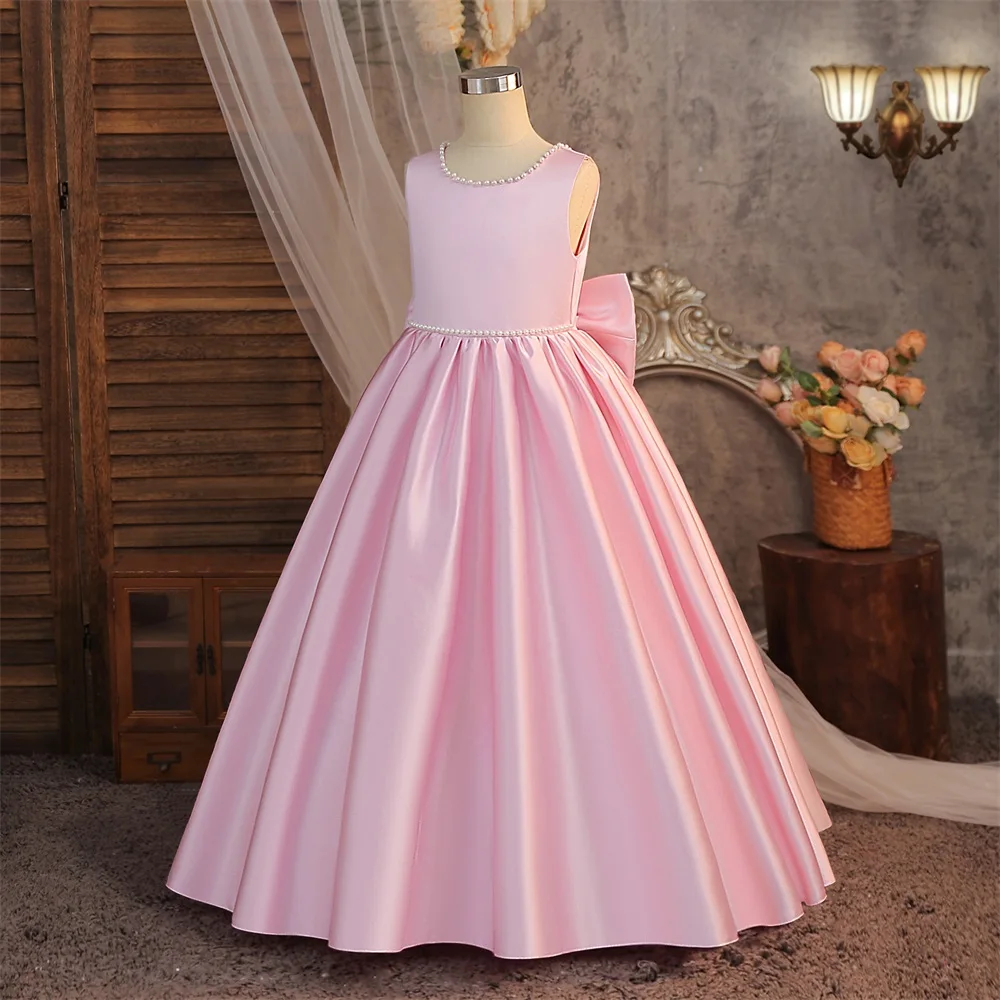 Weißes Blumenmädchen-Kleid mit Perlenstickerei und Schleife, Tüll-Hochzeitsballkleid, Modell-Kostüm für Klavieraufführungen, Bankett, Geburtstag, Prinzessinnenkleid – Detail 3