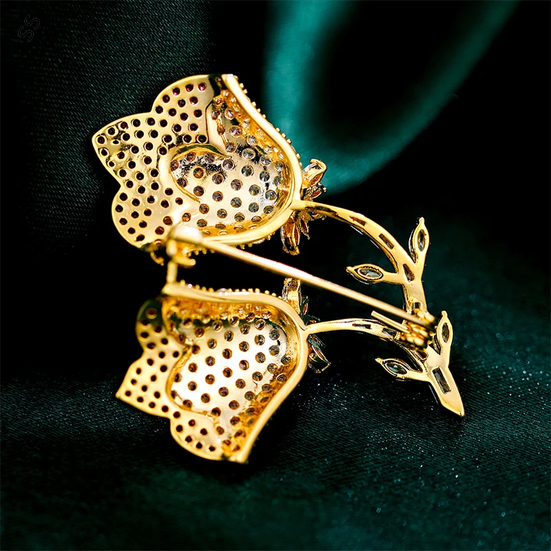 Double Trumpet Flower Design Women Brooch Copper Inlaid Gemstone Zircon Corsage Lady Elegant Fashion Apparel Accessories