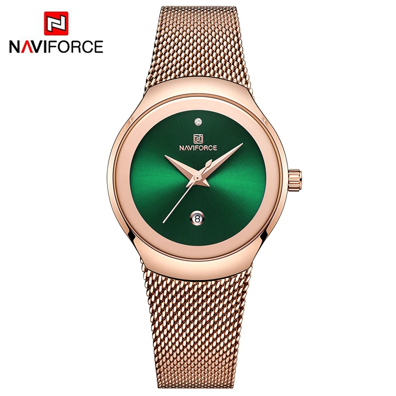 ساعات نسائية فاخرة من NAVIFORCE، خضراء اللون، بعقارب تناظرية وتاريخ، حركة كوارتز، سوار شبكي من الفولاذ، مقاومة للماء، ساعات يد أنيقة للسيدات