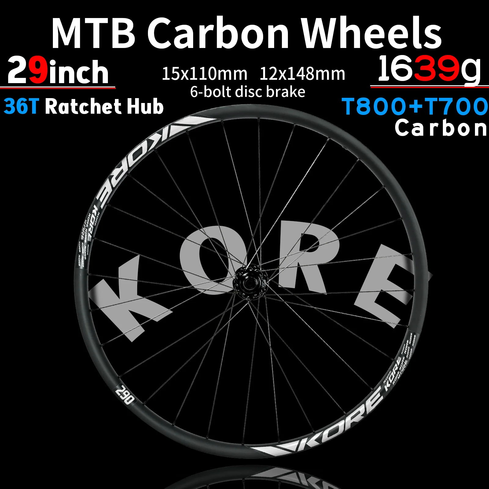 KORE 29 Inch MTB Carbon Wheelset 28H Boost 36T Ratchet Hub