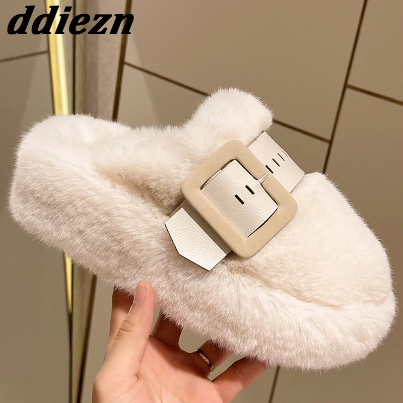 

Мюли женские меховые с пряжкой, теплые меховые тапочки, плоская подошва, Повседневные тапочки, сланцы, для улицы и помещения, зима 2023