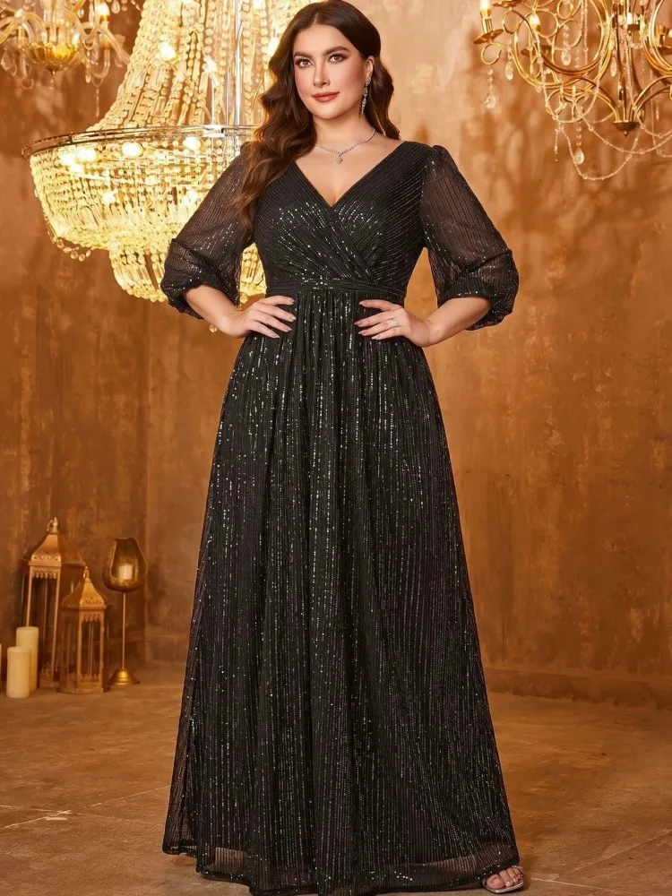 XL-3XL Plus Size Clothes Sequin Dresses Women Robes Summer 3/4 Sleeve Street Style Casual 3XL Big Size Maxi Dress Oversized 1