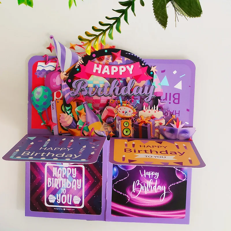 Purple Birthday Greeting Card 3D Pop Up Card Box with Envelope Happy Birthday Wishes Postcard Best Gifts for Kids Friends Mom