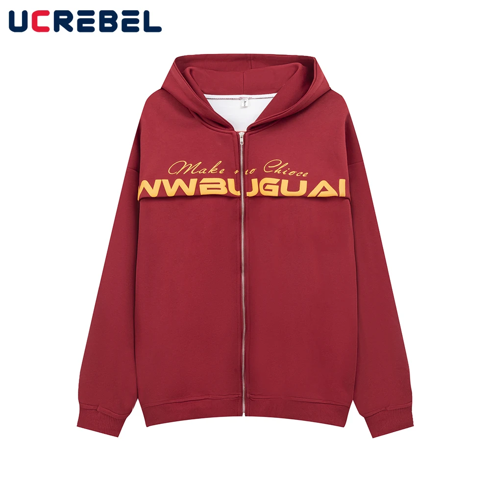 

Letter Print Casual Hooded Sweatshirts Mens Streetwear Spliced Spider Web Loose Long Sleeve Cardigan Outerwear