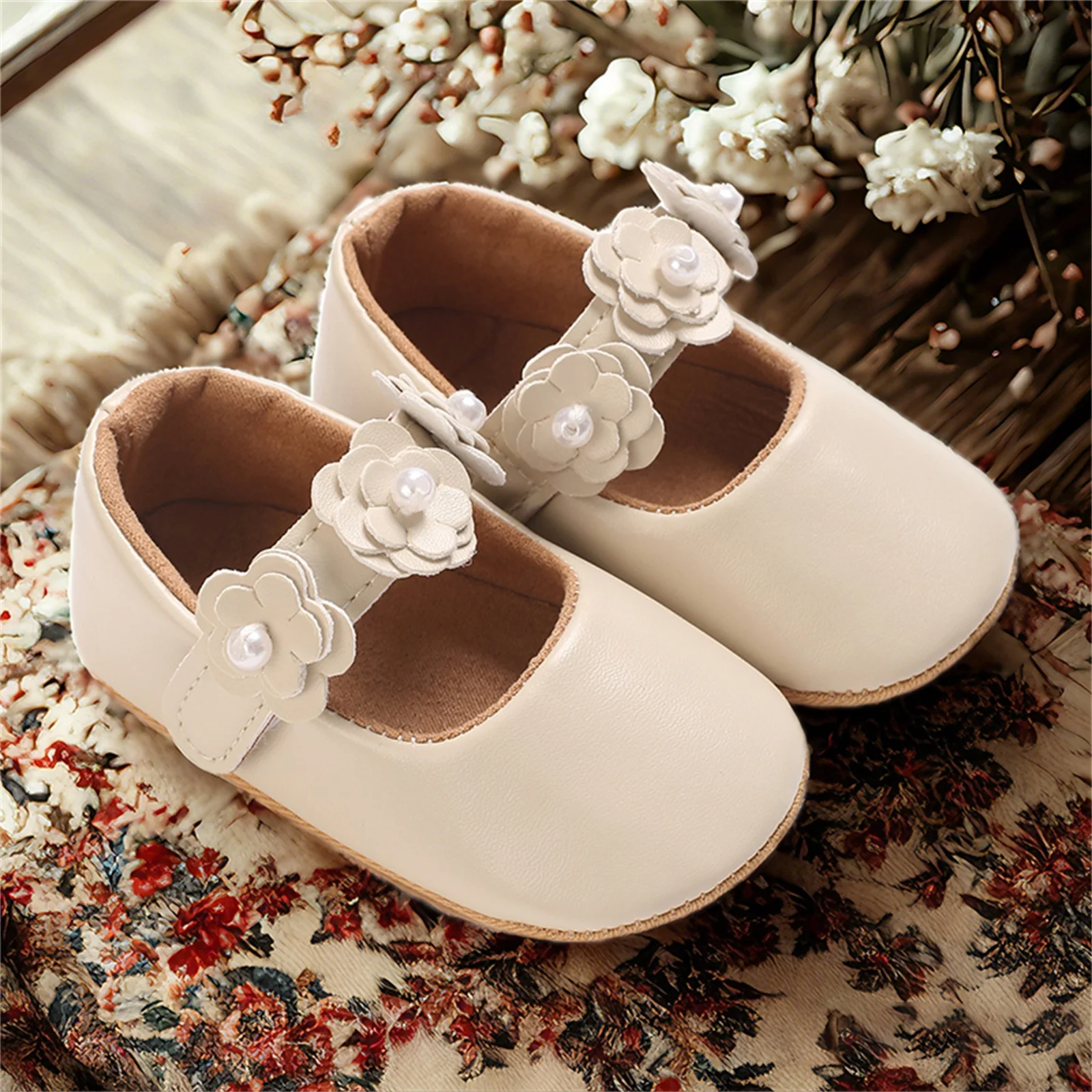 MISOWMNJOY Flower Baby Girls Princess Shoes Moccasins Soft PU Leather Non-slip Rubber Bottom First Walker Toddler Infant Shoes