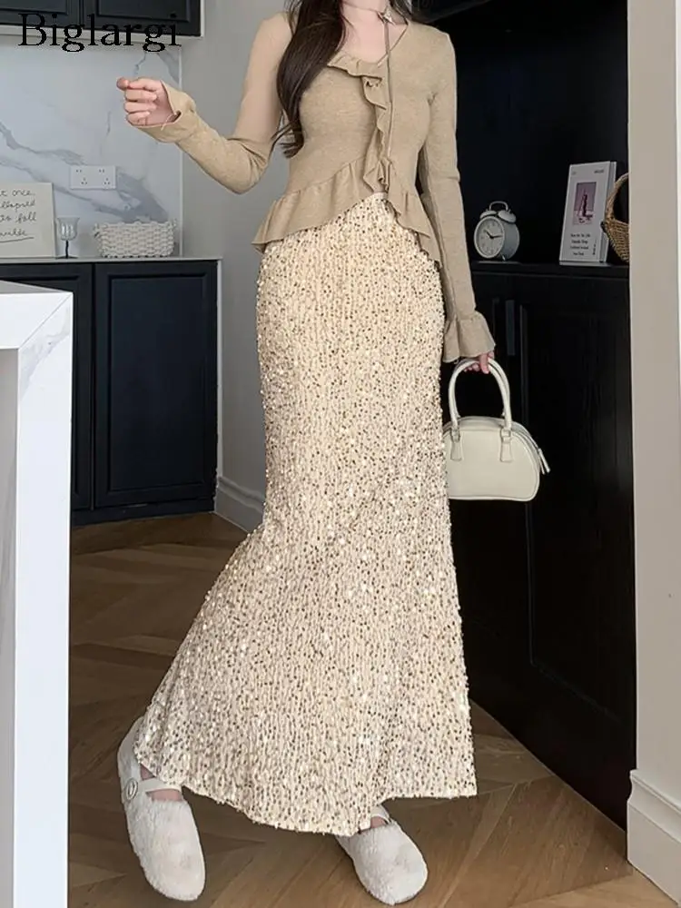 

High Waist Autumn Sequin Bling Long Fishtail Skirt Women Bodycon Fashion Ruffle Pleated Ladies Skirts Elegant Woman Skirt 2023