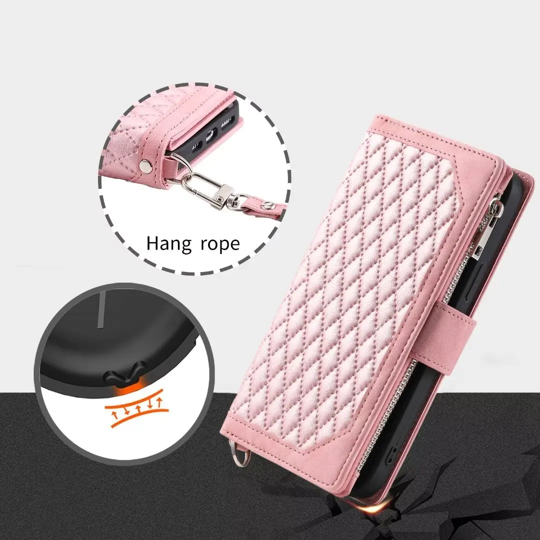 Fashion Zipper Wallet Case For Xiaomi Poco F1 Flip Cover Multi Card Slots Cover Phone Case Card Slot Folio with Wrist Strap