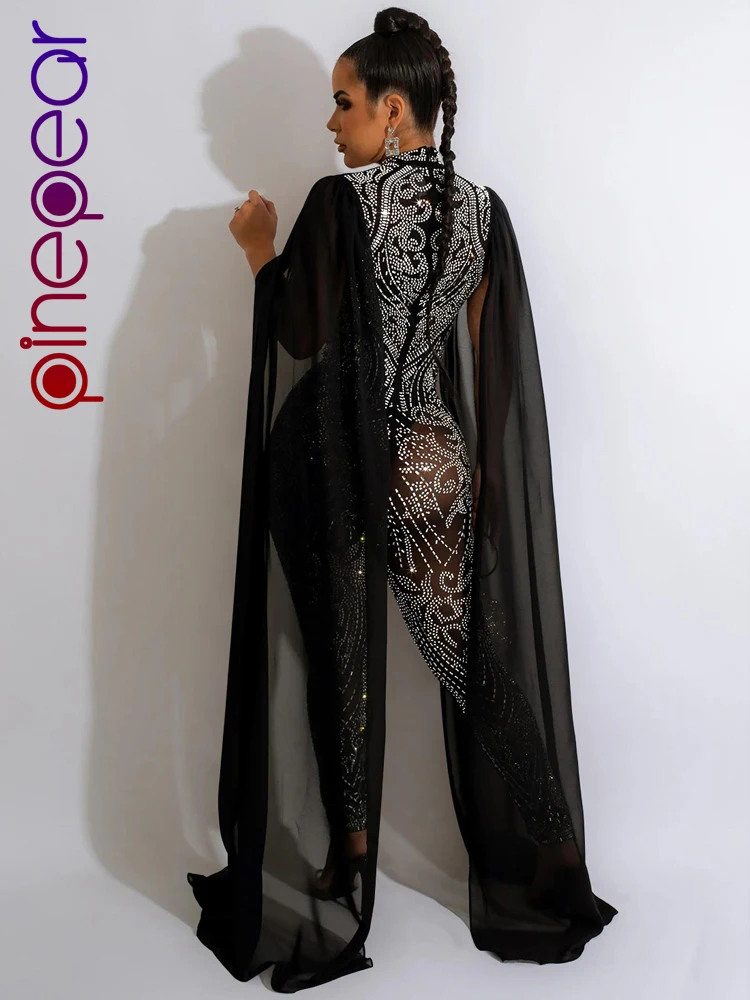 

PinePear Women Sexy Mesh Sheer Hot Diamond Cloak Sleeve Jumpsuit Elegant Fashion See Through Birthday Celebrity Cocktail Robe