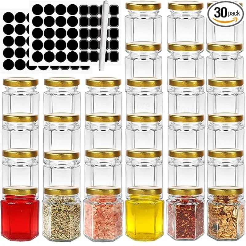 

30Pack 90ml 3oz Hexagon Glass Jars with Golden Lids Canning Jars Containers Include 1 Chalk Pen and 80 Labels