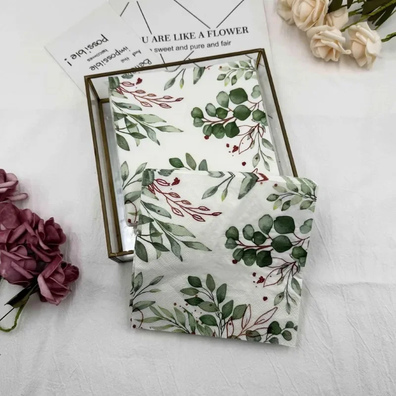 10/20pcs/Pac Printed Napkin Green Leaf Folded Paper Placemat Wedding Party Wine Glass Flower Paper DIY Butterfly Bone Bart