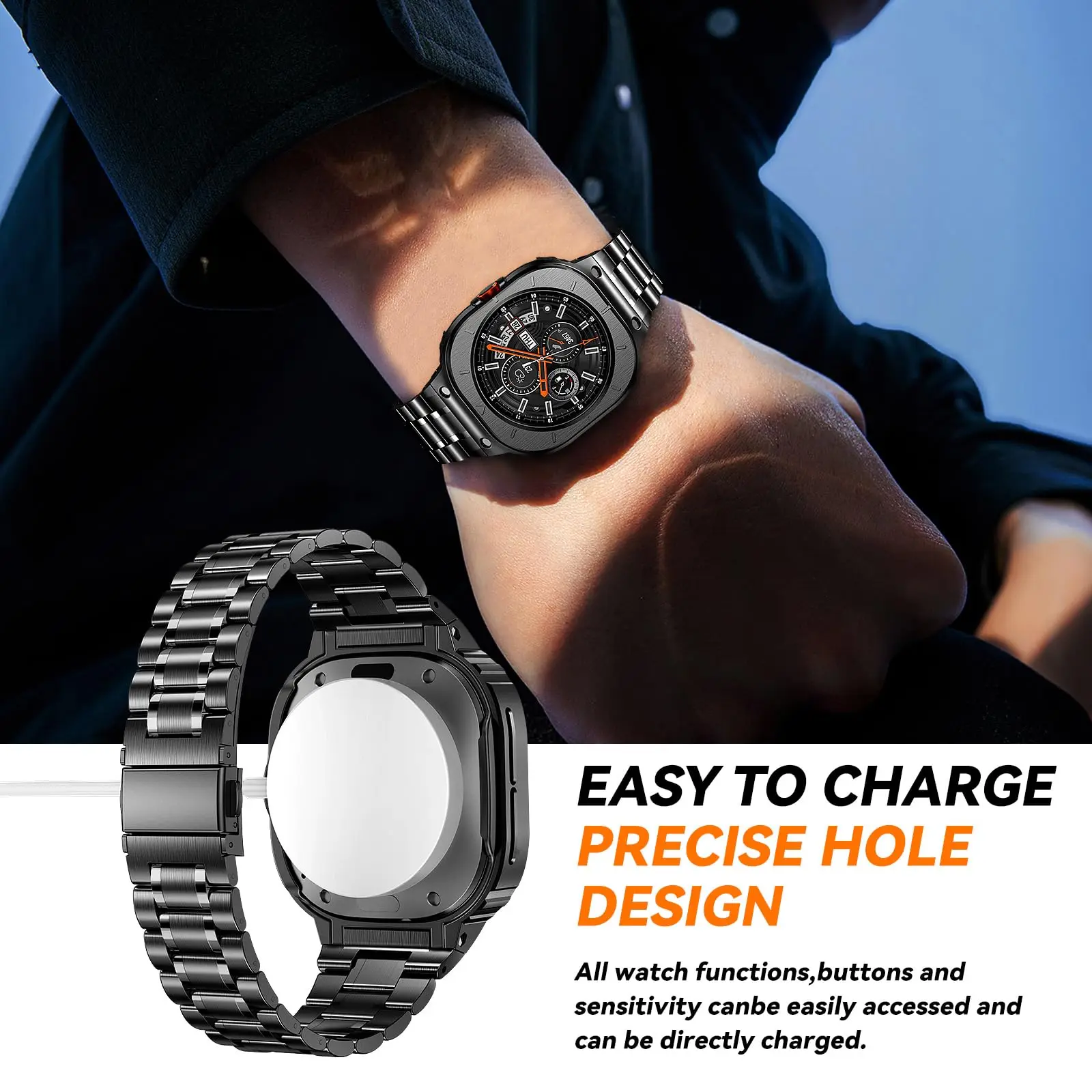 Premium Metal Strap & Bumper Case for 47mm Smartwatch Bracelet (Watch Not Included)