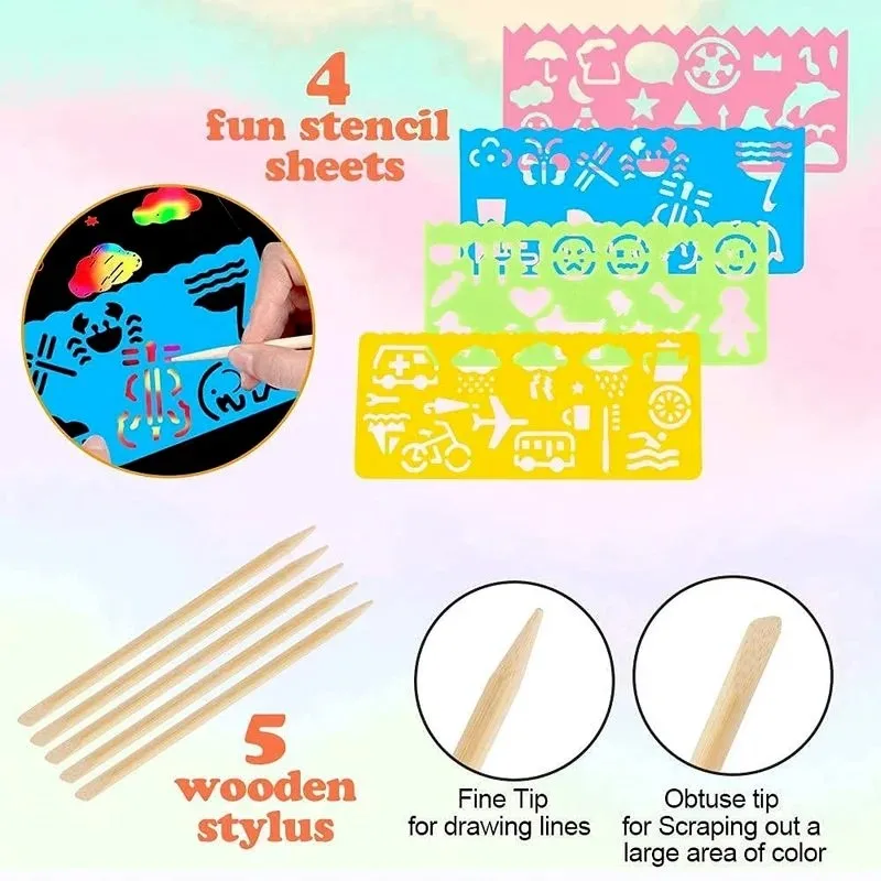 Scratch Paper Art Set Rainbow Card Scratch Black Scratch It Off Paper Crafts Notes with Wooden Stylus Stencils for Kid DIY Gift 3