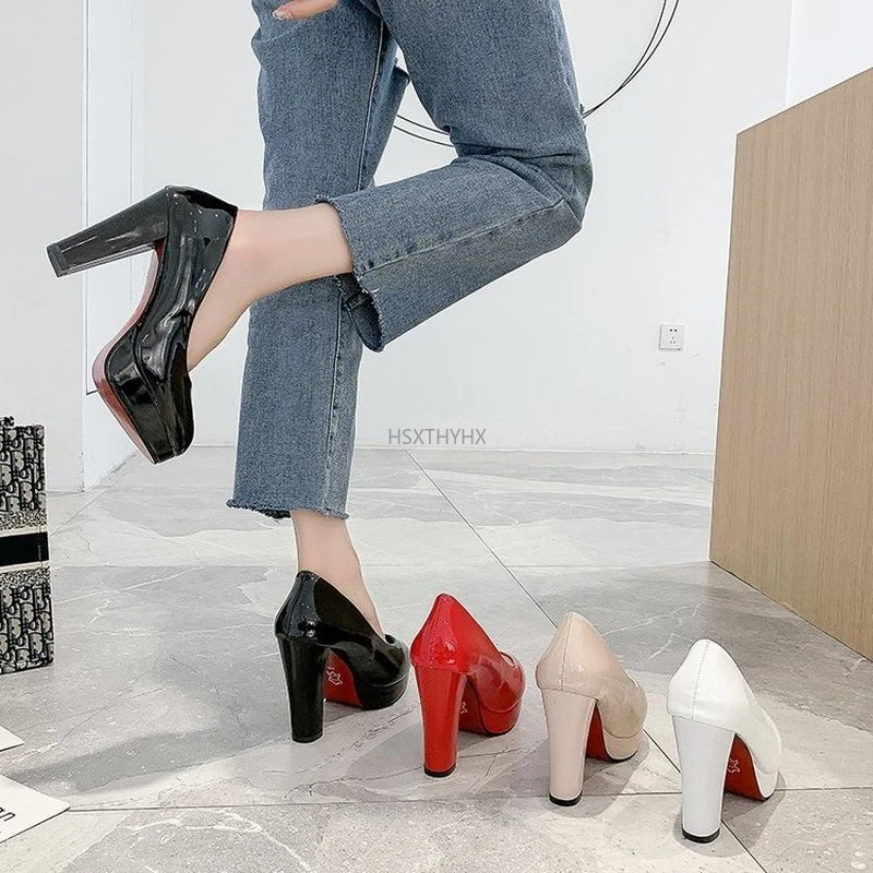 Zapatos de charol con suela de goma para mujer, tacones gruesos de boca poco profunda, impermeables, con plataforma y tacón alto, para club | - AliExpress