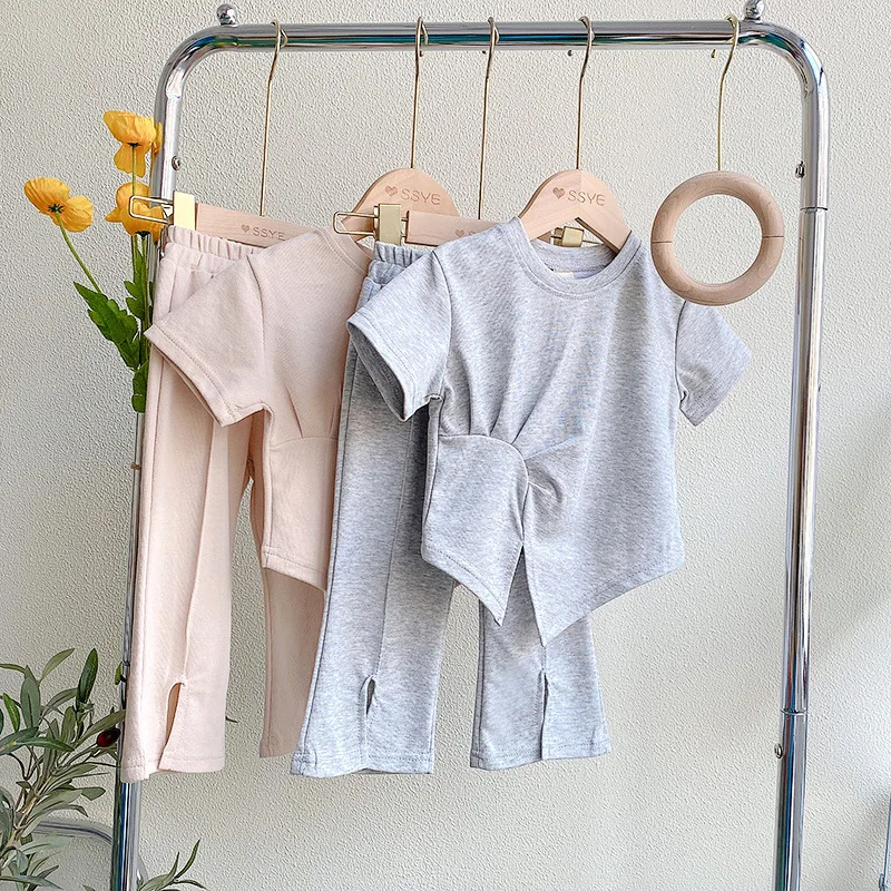 

Girls TShirt Pants Set Summer Short Sleeve Solid Color Irregular Tee Elastic Waist Split Pants Suit Children Casual Clothing