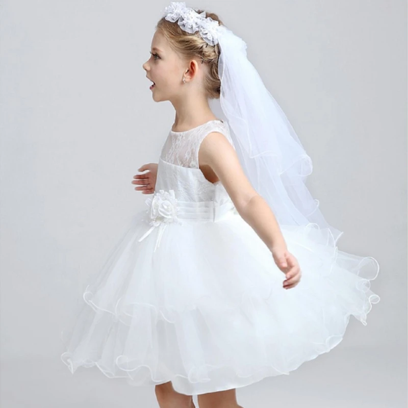 Children Bridal Veil Hairband Double Layers Tulle Flowers Garland Ruffles Floral Lace Wedding Party Wreath bridal veil