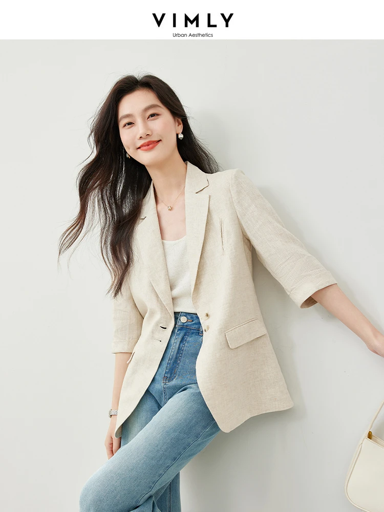 Vimly Apricot Linen Single Breasted Straight Suit Jacket 2024 Spring New Casual Office Lady Three Quarter Sleeve Blazers M6229