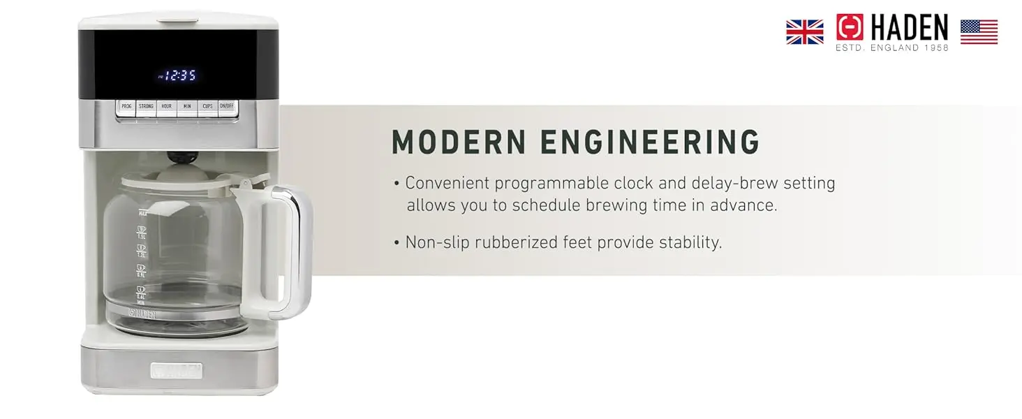 Haden Quintessential 12 Cup Programmable Digital Coffee Maker, Ivory/Chrome