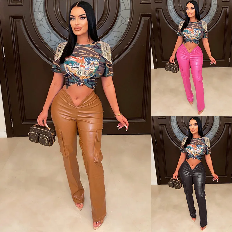 

Streetwear Sweatpants Women PU Leather Low Waist V Long Pants Y2K Straight Solid Color Pockets Summer Folds Trousers OUtfit Pant