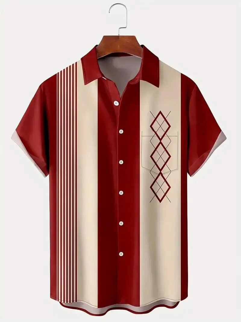 2024 Summer New Trendy Hawaiian Fashion Shirt with Retro Bowling Ball Geometric Print Men's Shirt with Pocket Button Large Cloth 3